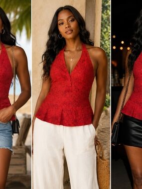 Guess Red Lace Halter Peplum Camisole